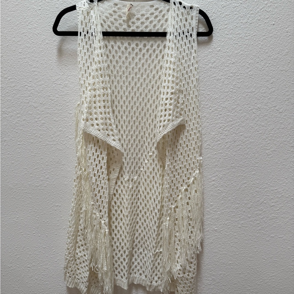 POL Off White Crochet Vest with Fringe